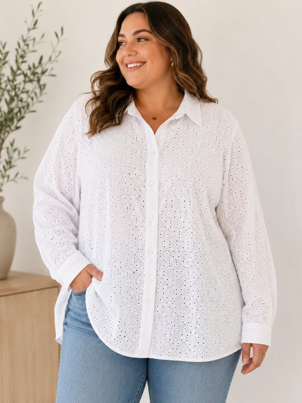 Lord & Taylor White Eyelet Button-Up Blouse